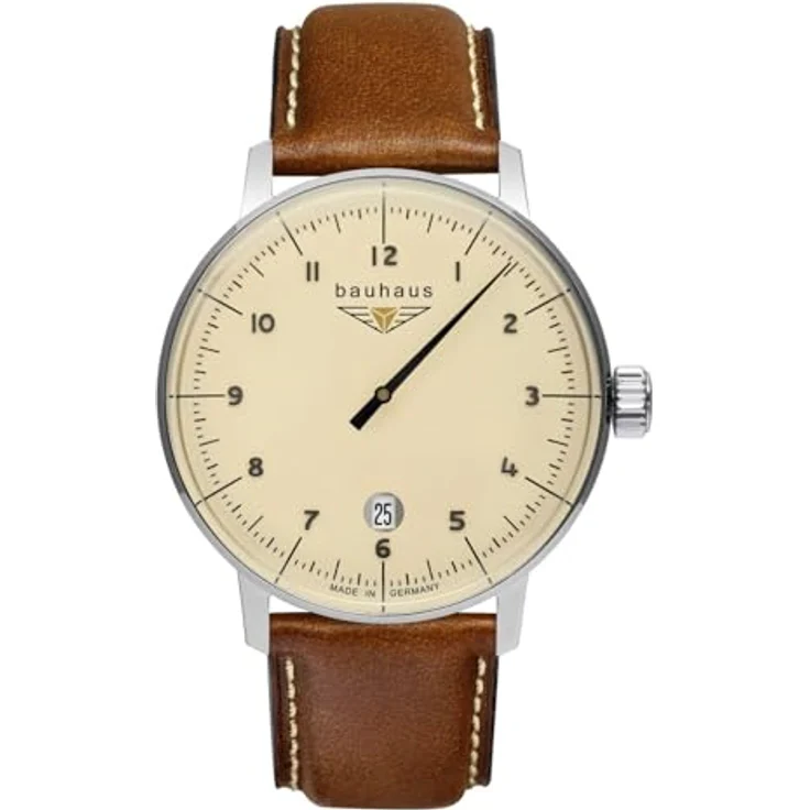 Bauhaus Herrenuhr mit Lederband Ronda Quarz Monotimer Einzeigeruhr Datum 2042-5, Made in Germany, Braun – Bild 1