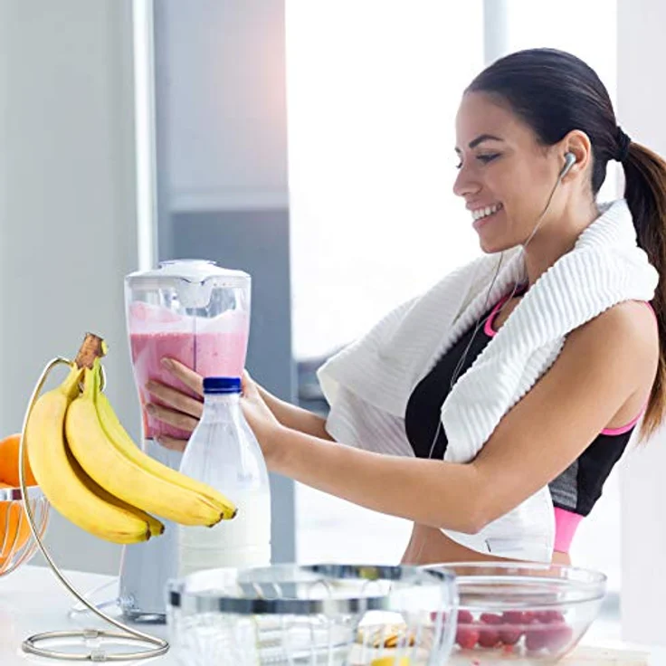 Relaxdays 2 x Bananenhalter, Obstaufbewahrung aus verchromtem Eisen, silber, mit rundem Standfuß und Bananenhaken – Bild 3