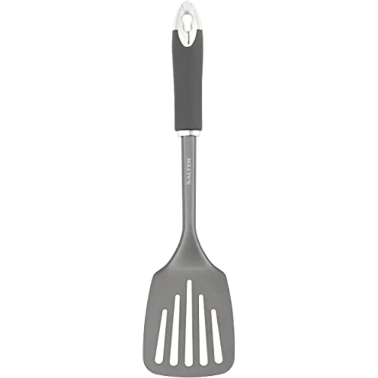 Salter BW11064EU7 Cosmos Pfannenwender, Edelstahl geschlitzt Küchenutensil mit speziell abgeflachte Kante, Soft-Touch-Griff mit Aufhängender Haken, BPA-Frei, Kochgeschirr für Servieren, Silver