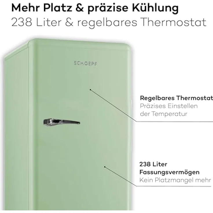 SCHOEPF RKS245SG Retro Vollraumkühlschrank, 238 Liter Nutzinhalt, mint-grün, mit LED-Beleuchtung und Vintage Style – Bild 3