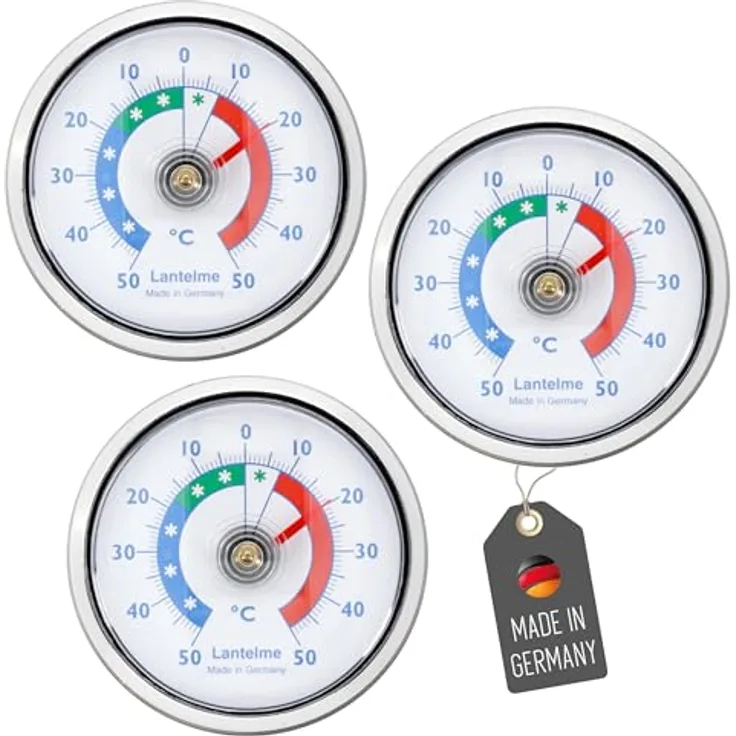 Lantelme Kühlschrankthermometer, 3 Stück Set, selbstklebend, Temperaturbereich -50°C bis +50°C, Deutsche Herstellung, ideal für Gefrierschränke und Kühltheken, Auswahl an Farben