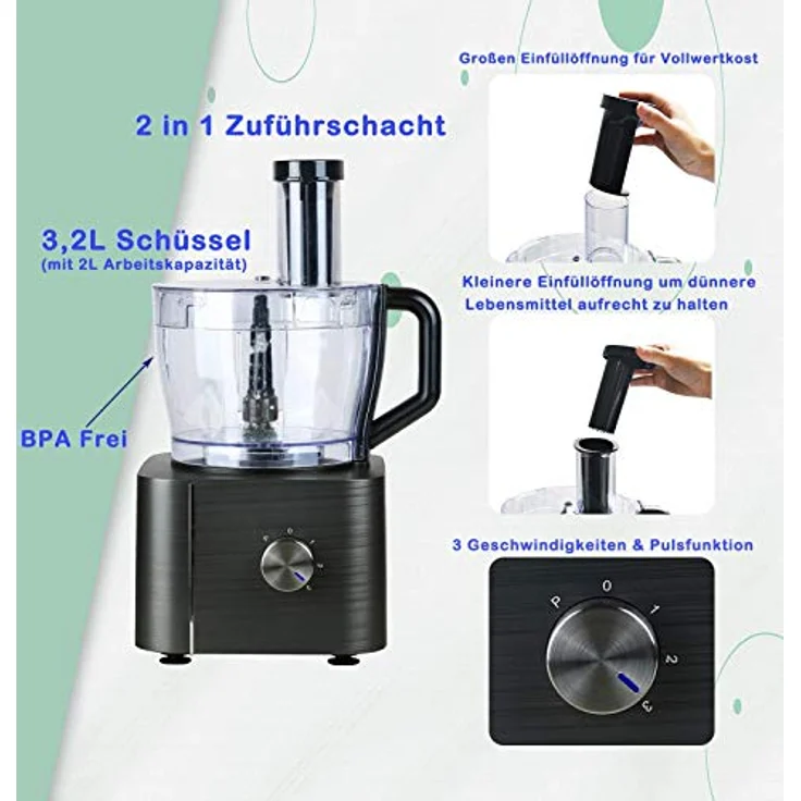 TopStrong Foodprozessor, 1100W, 11 Funktionen, 3,2L und 1,5 Behälter, inkl. Zerkleinerer, Scheidescheibe, Zitruspresse, Knethaken, schwarz – Bild 9