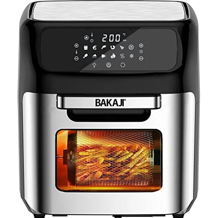 Bakaji Heißluftfritteuse, Kühlschrank, Trockengrill, ohne Öl, Airfryer Fassungsvermögen: 12 l, LED-Touch-Display 12 Programme, Timer-Einstellung, Temperaturregelung, Leistung 1800 W (Silber)
