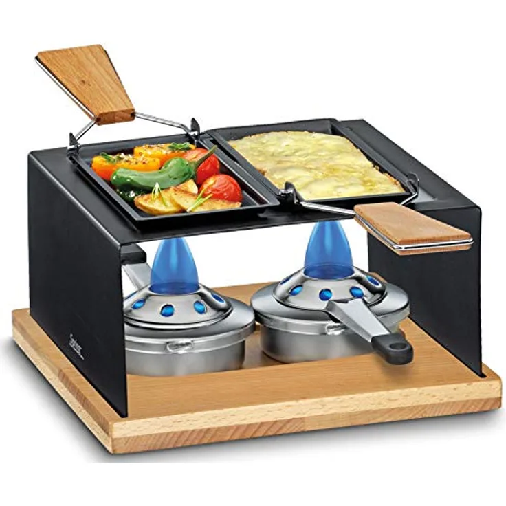 Spring GOURMET PARTY, Käse Raclette 2 Personen, Edelstahl-Wärmeverteilscheibe, Buchenholzplatte, Inkl. 2 beschichtete Raclette Pfännchen, 2 Holz Raclette Schaber, Sicherheits-Pastenbrennern