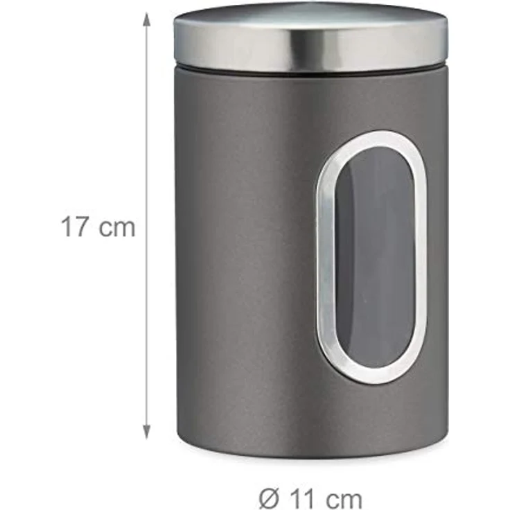 Relaxdays Vorratsdose, mit Deckel & Sichtfenster, 1,4 L, für Kaffee, Mehl, Pasta, Aufbewahrungsdose Küche, Metall, grau, 17 x 11 x 11 cm – Bild 4