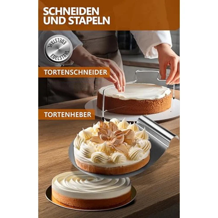 4smile Torten-Zubehör-Set 5 Teile, verstellbarer Tortenring hoch 8,5 cm, Tortenschneider, Tortenheber, drehbare Tortenplatte, Streichpalette, Edelstahl – Bild 4