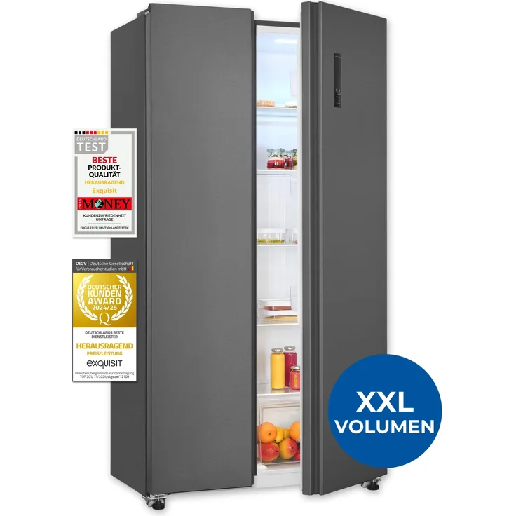 Exquisit SBS546-040D, Side-by-Side Kühlschrank mit Gefrierteil, 442 Liter, 10 Ablagen, No-Frost, LED-Anzeige, 91 cm Breite, anthrazit