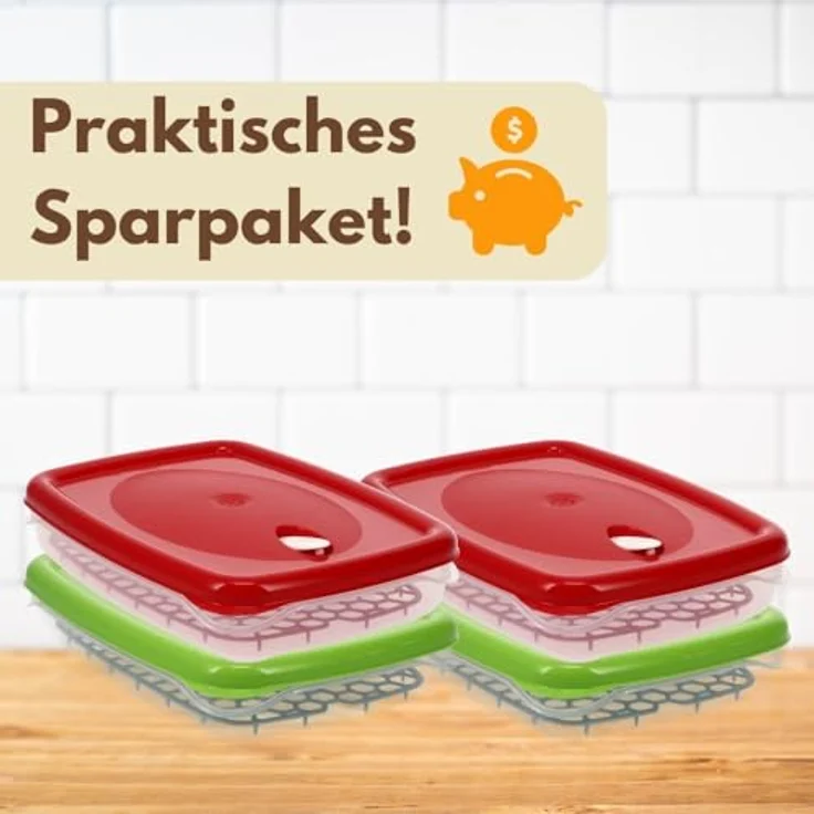 GarPet 4er Set Frischhaltedosen mit Abtropfgitter und Dampfventil, luftdicht, 2,5 L, transparent mit rot/grünem Deckel – Bild 8