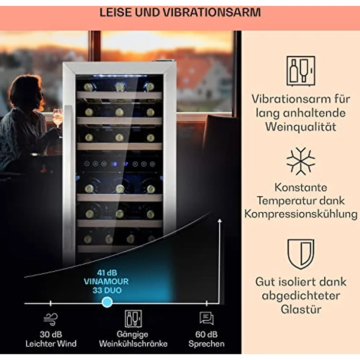 Klarstein Vinamour 33 Duo Weinkühlschrank, freistehend, silber, 33 Flaschen, 2 Temperaturzonen, 5-18°C, Touch, Energieklasse F – Bild 5