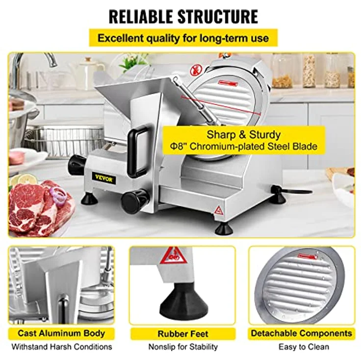 VEVOR Fleisch Allesschneider, 20,3 cm Klingen Aufschnittmaschine 120 W Schneidemaschine Fleisch, 0-12 mm Dicke Edelstahl Elektrischer Allesschneider, Fleisch, Käse, Gemüse, Obst Schinkenschneider – Bild 5