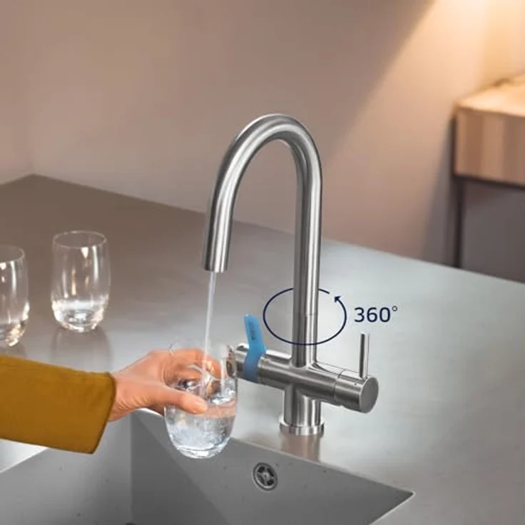 BRITA 3-Wege-Küchenarmatur (Edelstahl, rund) mit BRITA P 1000 Wasserfilter - für gefiltertes und ungefiltertes Wasser aus der Leitung – Bild 3