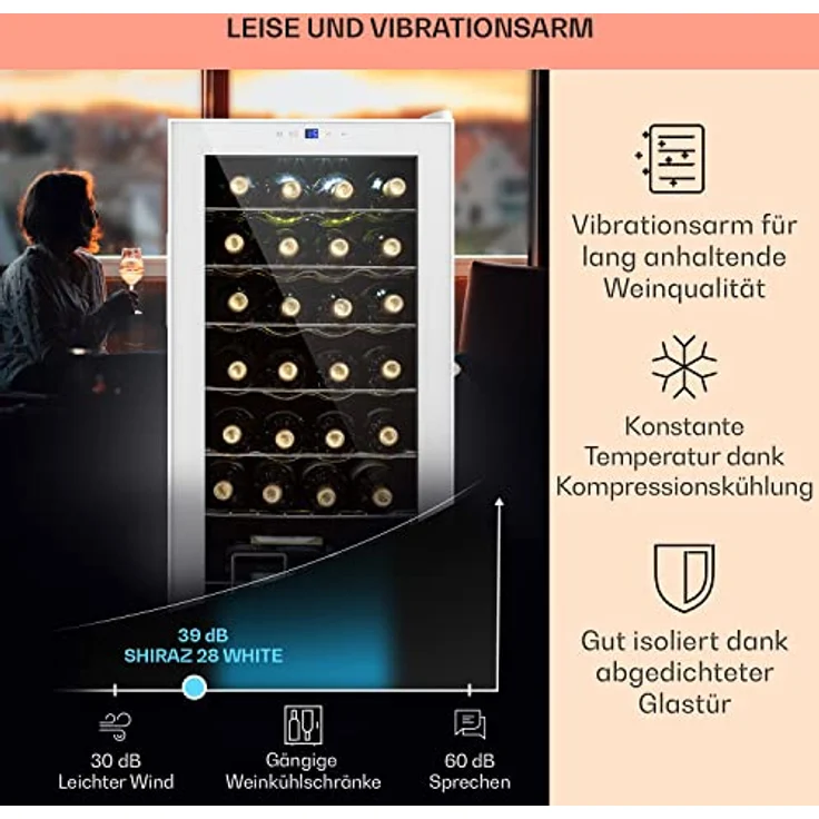 Klarstein Shiraz 28 Uno Weinkühlschrank, freistehend, weiß, 28 Flaschen, Touch-Bedienfeld, 5 - 18 °C, Energieklasse G – Bild 5