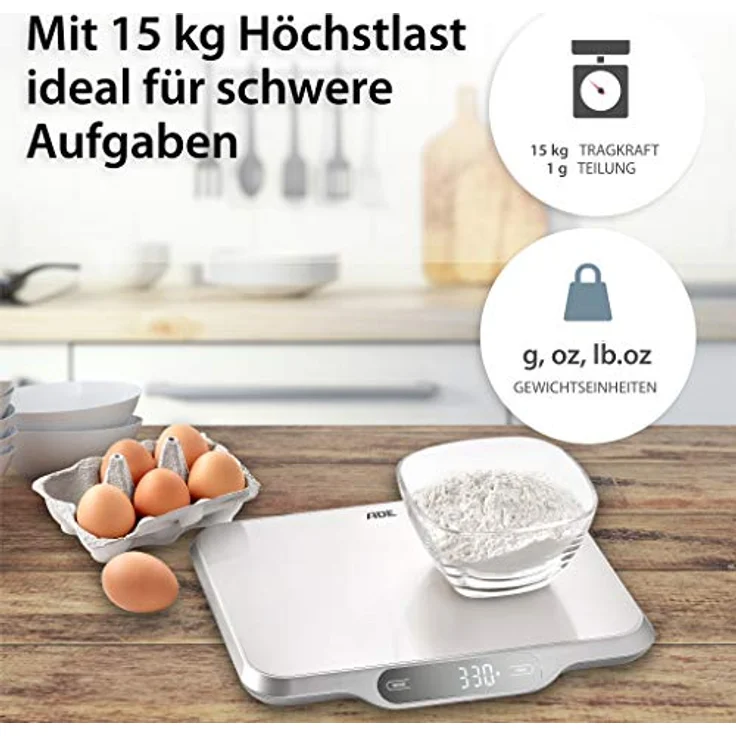ADE Digitale Küchenwaage KE 1601 Ladina. Elektronische Waage mit XXL Wiegefläche aus Edelstahl für präzises Wiegen bis 15 kg. Mit Zuwiegefunktion (Tara), Auto-Hold. Inkl. Batterie. Silber – Bild 2