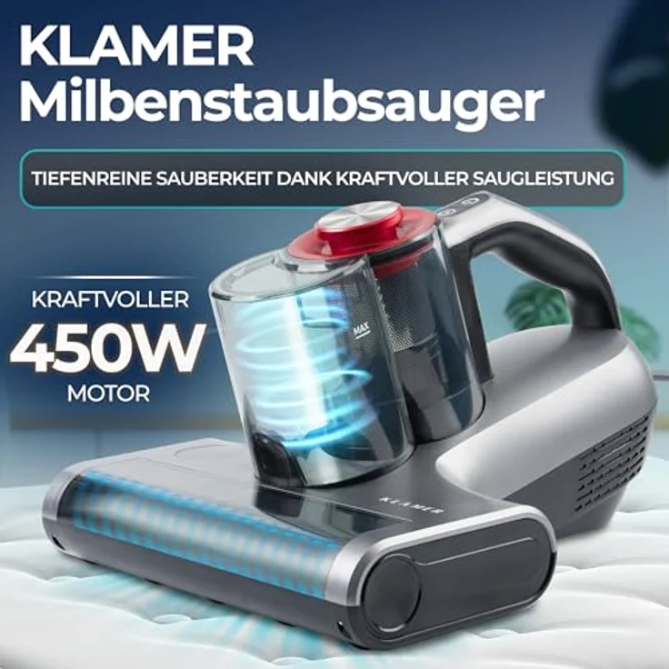 KLAMER Milbenstaubsauger mit UV-Licht, Leistungsstarker 18kPa & 450W, entfernt bis zu 99,9% der Milben, Bakterien und Allergene von Textilien, Silber – Bild 2