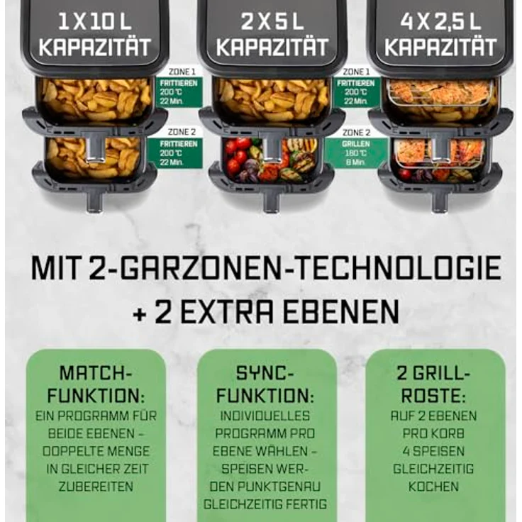 GOURMETmaxx FryUp Vertikale Doppelkammer Heißluftfritteuse 10 Liter | 4 Speisen auf 4 Ebenen | klappbares Touchdisplay | 32% platzsparender | Schwarz – Bild 4
