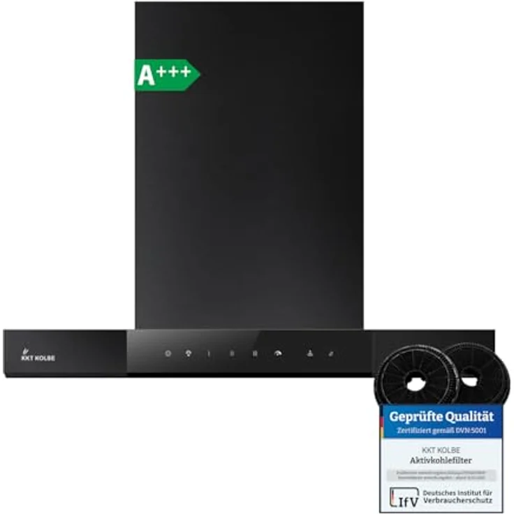KKT KOLBE SHAPE6005S Dunstabzugshaube 60 cm, A+++ Energieeffizienz, 754 cbm/h, Wandhaube, Umluft/Abluft, schwarz, Glas, Touch Bedienung, Nachlaufautomatik, Bi-Color LED Beleuchtung – Bild 1