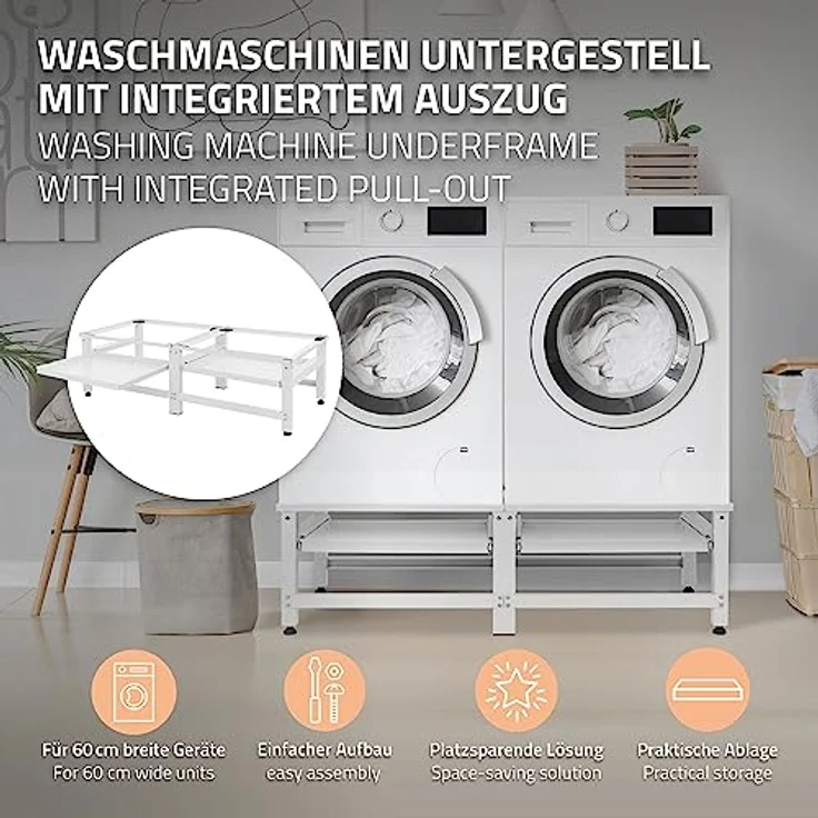 ML-Design Doppel Waschmaschinen-Untergestell mit 2 ausziehbaren Ablagen, Weiß, aus Stahl, bis 2x 150kg+10 kg, verstellbare Füße, Waschmaschinensockel 2-Fach, Doppeluntergestell Doppelpodest Erhöhung – Bild 2
