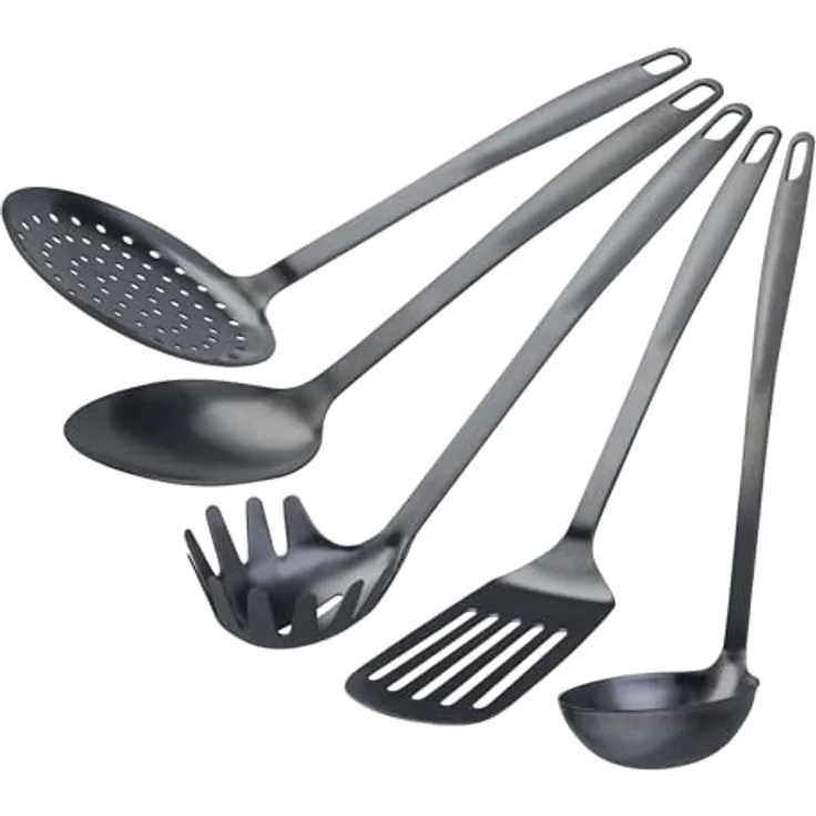 Stanley Rogers Küchenhelfer Set, 5-teiliges Premium Kochbesteck aus rostfreiem Edelstahl, schwarz, mit ergonomischen Griffen und platzsparender Aufbewahrung