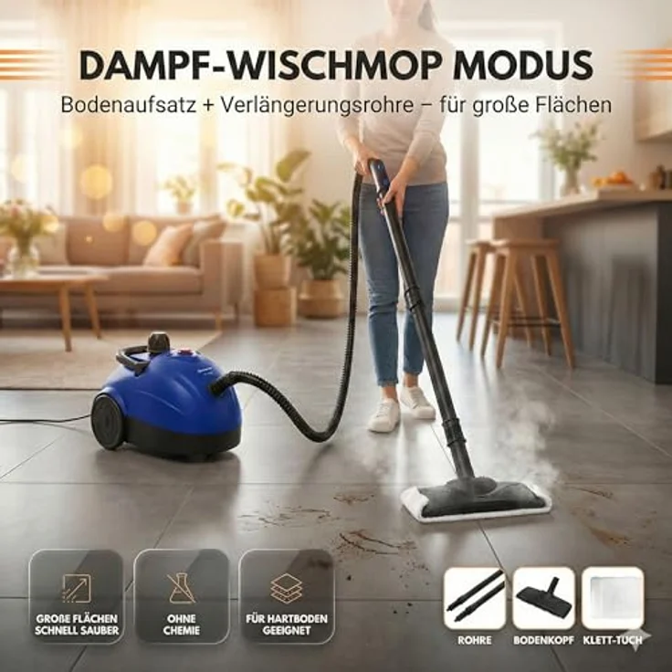 Sommertal XXL SC1000 Dampfreiniger Handgerät, 1100 ml Tank, 1500 W, 16-teiliges Zubehörset, leistungsstark, tragbar – Bild 3
