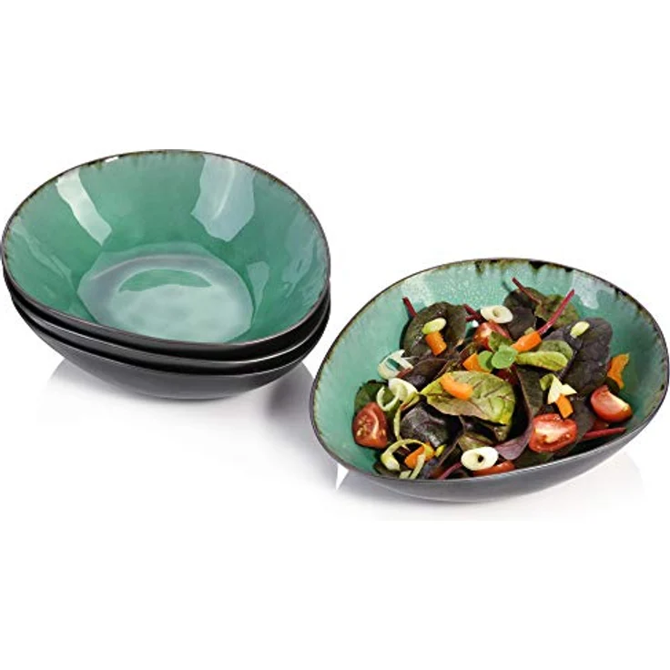 SÄNGER Salatschüssel Palm Beach, Steingut, 4-tlg. Set mit Krakellee-Effekt und Vintage Design, türkis/braun – Bild 1
