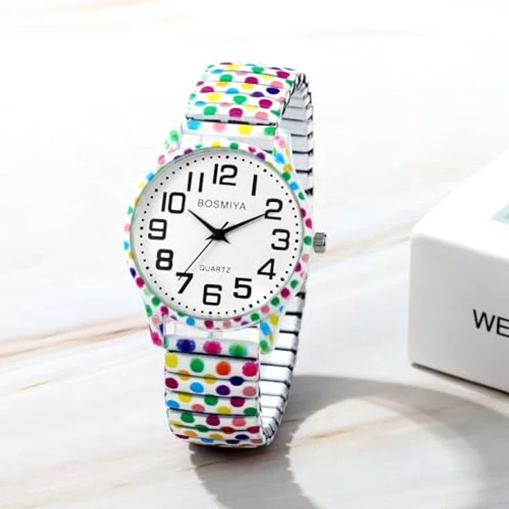 JewelryWe Boho Damenuhr, Elastische Quarz Armbanduhr mit Bunte Polka Dots, Edelstahl Zugarmband, 10M Wasserdichtigkeit, Große Zahlen Zifferblatt – Bild 2