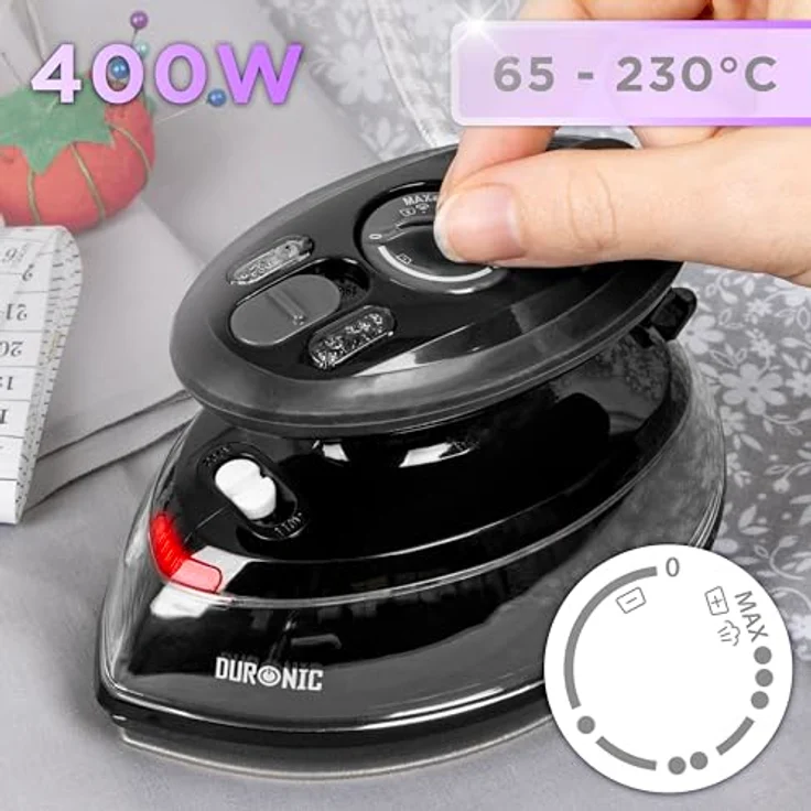 Duronic SI3 BK Mini Reisebügeleisen, 400W Dampfbügeleisen mit 35ml Wassertank, Keramikfläche, 2 Betriebsspannungen, schwarz – Bild 4