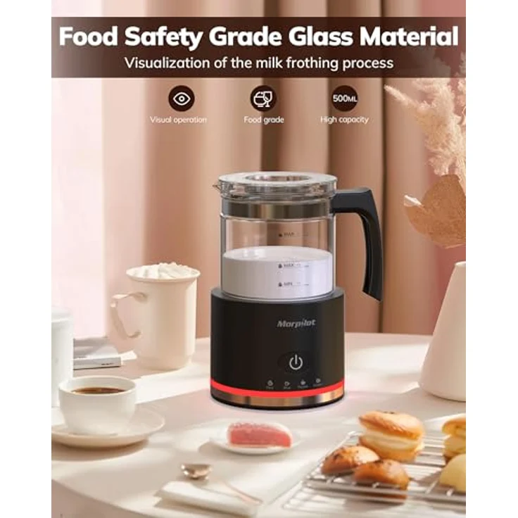 Morpilot Milchaufschäumer Elektrisch 600W, 4 in 1 mit 130-500ml Kapazität, Spülmaschinenfest, Visuelles Glas, Latte-Design, Schwarz – Bild 5