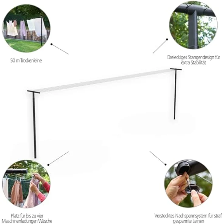 Brabantia HangOut Wäscheleine Set, 2 schwarze Aluminiumpfosten zur Erdmontage mit 50 Meter Leine – Bild 3