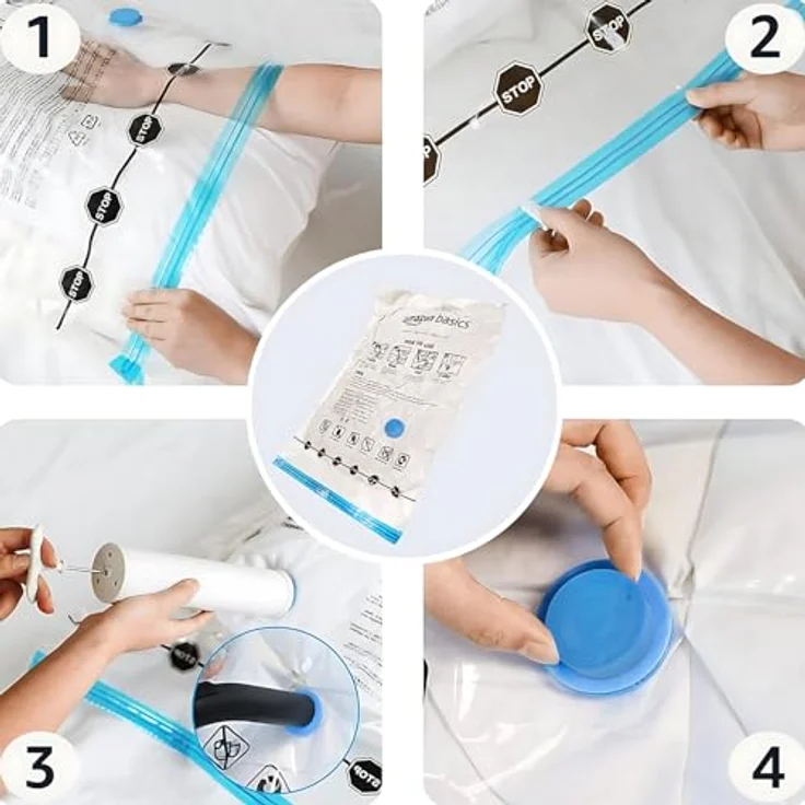 Amazon Basics Vakuumbeutel für Kleidung, 5er-Pack groß mit luftdichtem Ventil und Handpumpe, transparent, platzsparend und reißfest – Bild 4