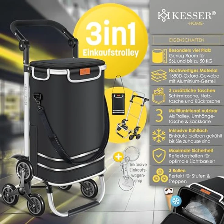 KESSER® Einkaufstrolley Treppensteiger 3in1 mit Kühltasche, klappbar, 56L Kapazität, belastbar bis 50kg, Schwarz – Bild 2