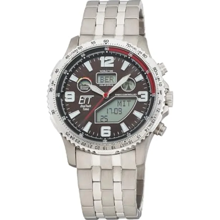 ETT Eco Tech Time EGT-11720-22M, Funk Solar Herren Uhr mit Titan Armband, schwarzes Zifferblatt, wasserdicht bis 10 Bar, Weltzeit- und Stoppfunktion