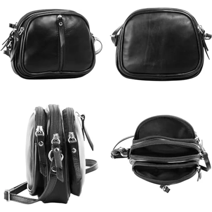 Cluty Umhängetasche, echt Leder, Made in Italy, 3 Fächer, längenverstellbarer Schultergurt, schwarz – Bild 2