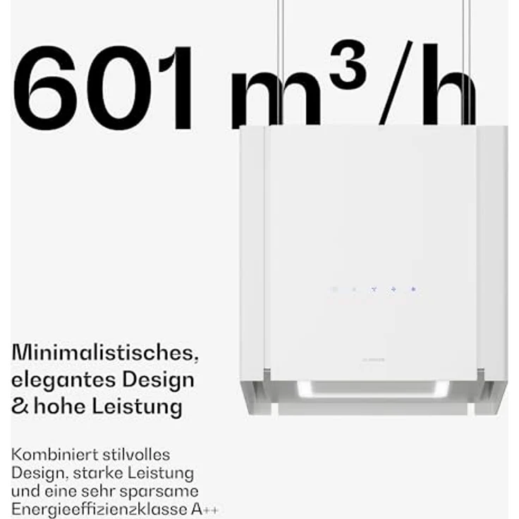 Klarstein Velaire Dunstabzugshaube Deckenhaube 40 cm - A++ Energieklasse, 601 m³/h Luftstrom, Touch-Bedienung, LED-Beleuchtung, Liftfunktion, Leise, Weiß – Bild 3