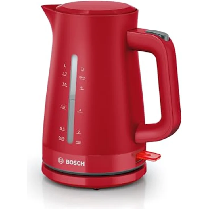 Bosch kabelloser Wasserkocher My Moment TWK3M124, Abschaltautomatik, Überhitzungsschutz, Tassenanzeige, beidseitige Wasserstandsanzeige, entnehmbarer Kalkfilter, 1,7 L, 2400 W, Rot matt – Bild 1
