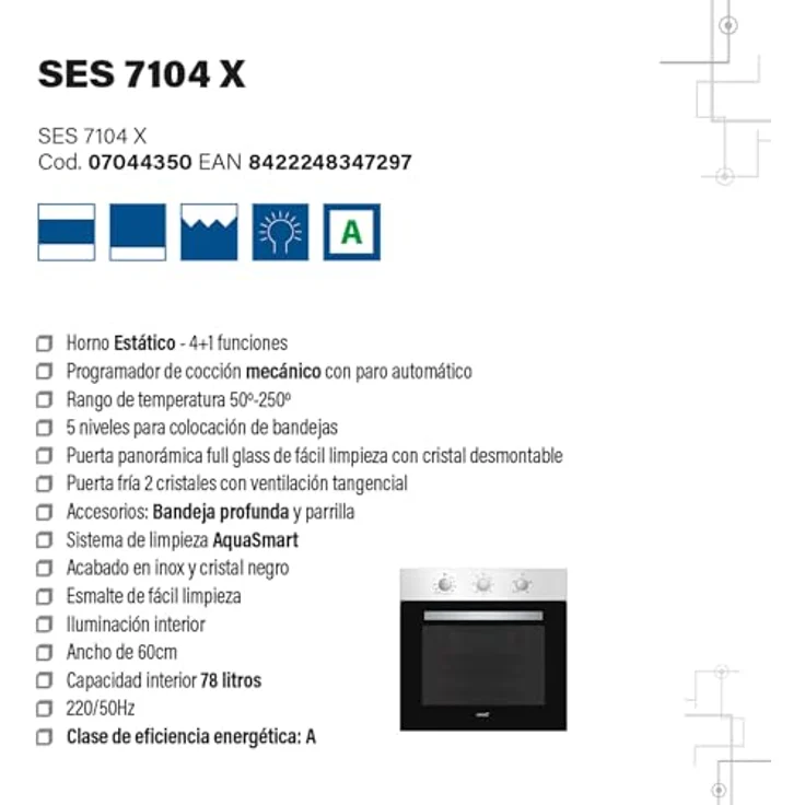 CATA Ofen SES 7104 X, Statischer Backofen mit 5 Funktionen, 78 l, Edelstahl-Finish und schwarzem Glas, AquaSmart Reinigung, Innenbeleuchtung – Bild 2