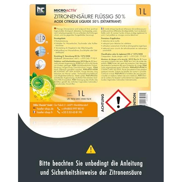 Höfer Chemie MICROACTIV Zitronensäure flüssig, 4 x 5 L, biologisch abbaubarer Entkalker für Kaffeevollautomaten, Wasserkocher & Dusche – Bild 3