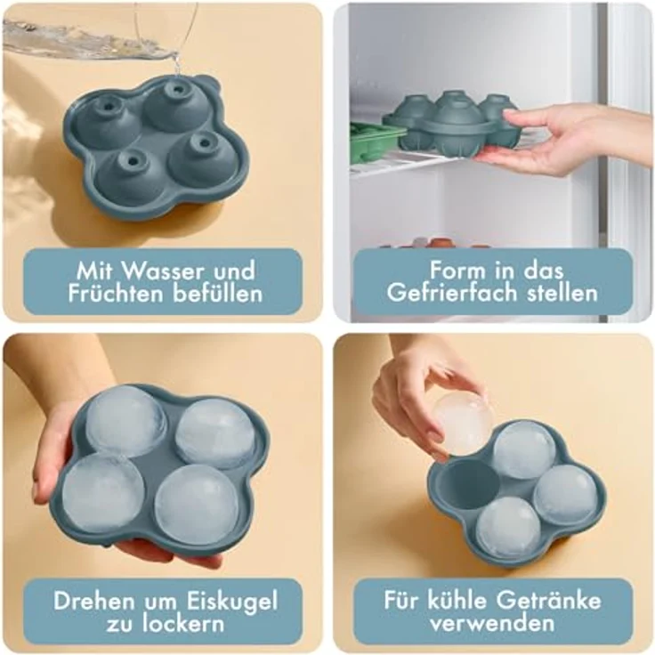 Blumtal Eiswürfelformen Silikon 3er Set, BPA-freie Eiskugelform mit Deckel für 6 runde Eiswürfel, Olivgrün + Mineral Rot – Bild 5