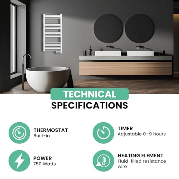 Eurom Sani-Towel 750 White, elektrischer Badezimmerheizkörper mit 750 Watt Leistung und Timer – Bild 5