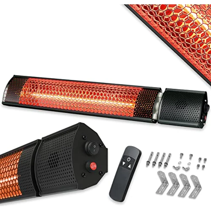 WALTER Professional Infrarot Wandheizstrahler 2000 W, Karbon-Infrarot Technik, energieeffizient & blitzschnell aufgeheizt, Terrassenheizer, 2 Heizstufen, Fernbedienung, inkl. Wandhalterung, schwarz – Bild 1