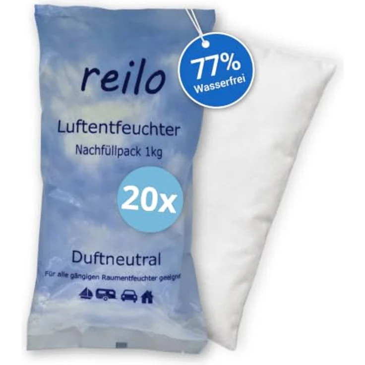reilo 20x 1kg Luftentfeuchter Granulat (Calciumchlorid), Vliesbeutel Nachfüllpack für Raumentfeuchterboxen, für Auto, Schlafzimmer und Keller, effektiv gegen Schimmel und Feuchtigkeit – Bild 1