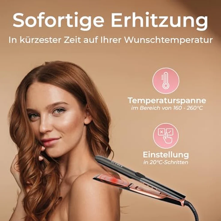KLAMER Glätteisen 2 in 1, Haarglätter mit Ionen Technologie, Premium Keramik Beschichtung, 20s Schnellaufheizung, LCD-Display, rosé – Bild 3