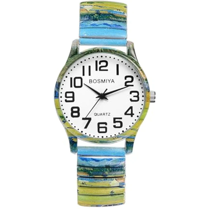 JewelryWe Damenuhr Boho Elastische Armbanduhr, Van Gogh Die Ernte Kunstmotiv, Edelstahl Stretcharmband, große Ziffern, Analog Quarz Uhr für Senioren – Bild 1