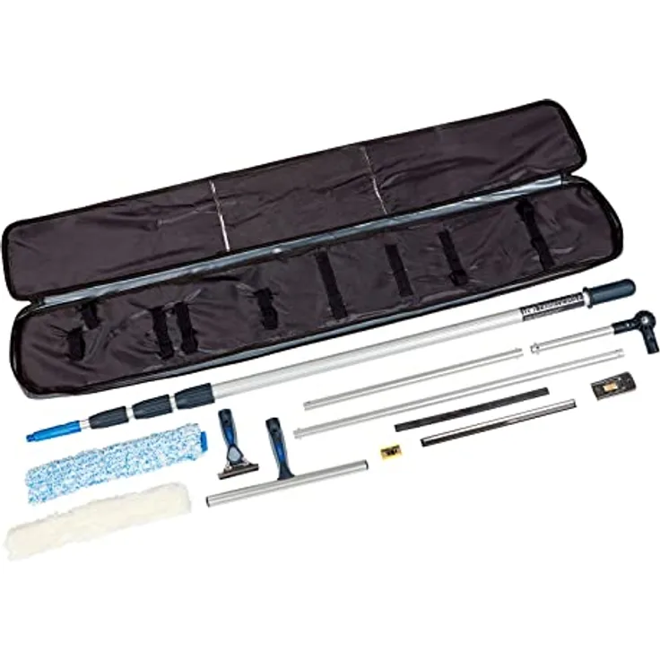 LEWI Fensterreinigungs-Set, 12-teilig inkl. stabiler Nylon-Tasche und 4-teiliger Teleskopstange für Wintergarten- & Solarreinigung