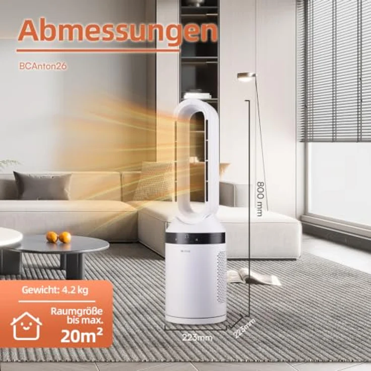 Be Cool BCAnton26 Säulen-Heizlüfter, 2000 Watt 2-in-1 Heizlüfter und Ventilator, weiß mit LED-Touch-Display und Fernbedienung – Bild 7