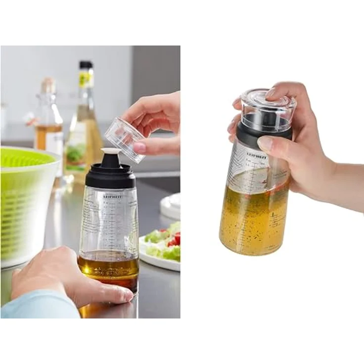 Leifheit Dressing Shaker, hochwertige Glasflasche mit verschiedenen Rezepten für Salatdressings, Messbecher mit tropffreien Ausguss, spülmaschinengeeigneter Dressingbehälter – Bild 3