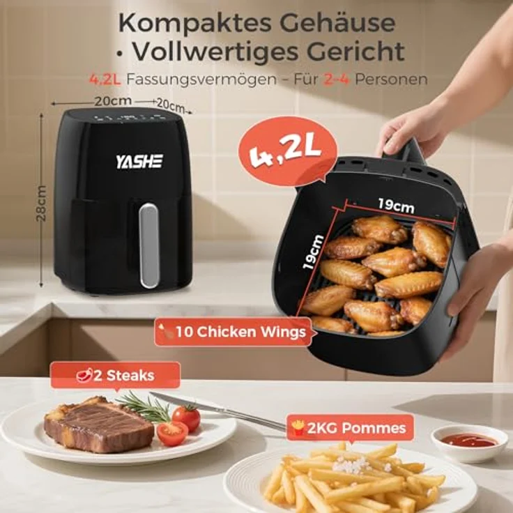 YASHE 4,2L Heißluftfritteuse mit 1500W, LED-Touchscreen, 6 Programmen, rot – Bild 4