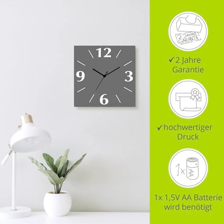 ARTLAND Wanduhr ohne Tickgeräusche Alu Quarzuhr 30x30 cm Quadratisch Lautlos 4 Ziffern Farbig Schlichtes Design Grau S7KC – Bild 3