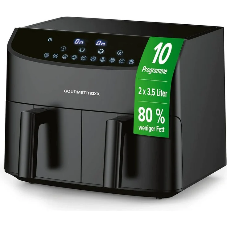 GOURMETmaxx Heißluftfritteuse Doppelkammer, 2400 W, 9 Funktionen, bis 230°C, fettarm (Silber) – Bild 1