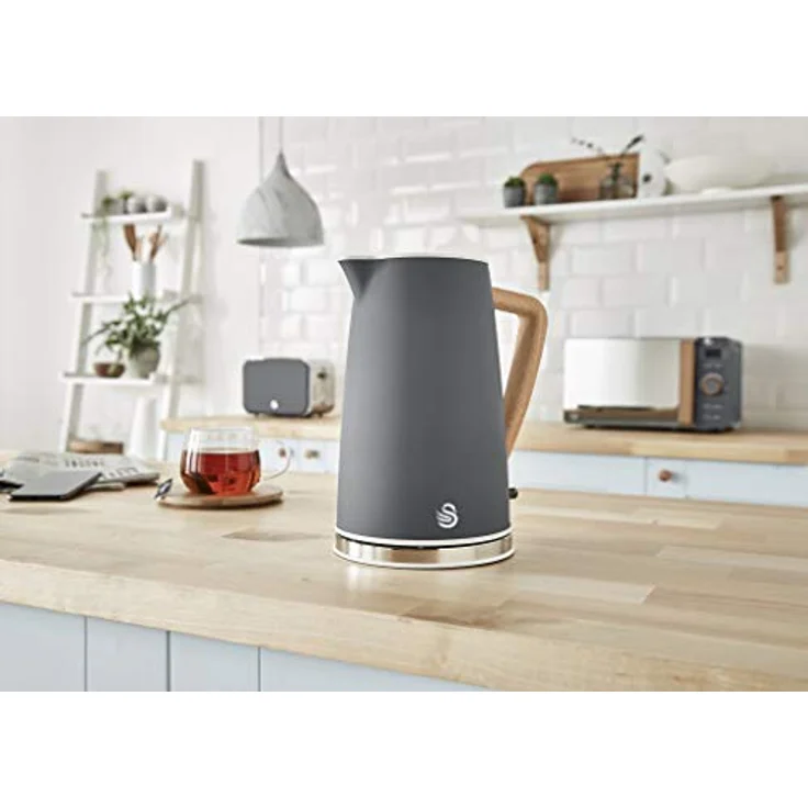 Swan Nordic Frühstücksset, Wasserkocher, 1,7 l, 2200 W, Breitschlitz-Toaster, 2 Scheiben, digitale Mikrowelle 20 l, modernes Design, Holzoptik, grau – Bild 4