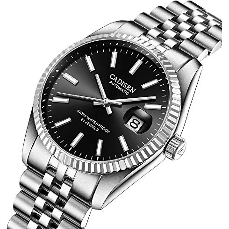 CADISEN Automatik-Herrenuhr CA-201, Elegant mit Saphirglas, Kalender, Edelstahlarmband, wasserdicht bis 50 m, schwarz – Bild 2